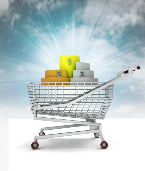 Trade business winner, podium in shopping cart with sky — Stock Photo, Image
