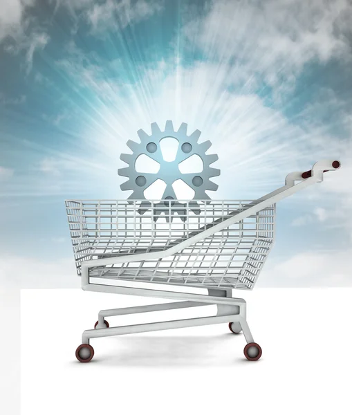 Bought spare part in shopping cart with sky — Stock Photo, Image