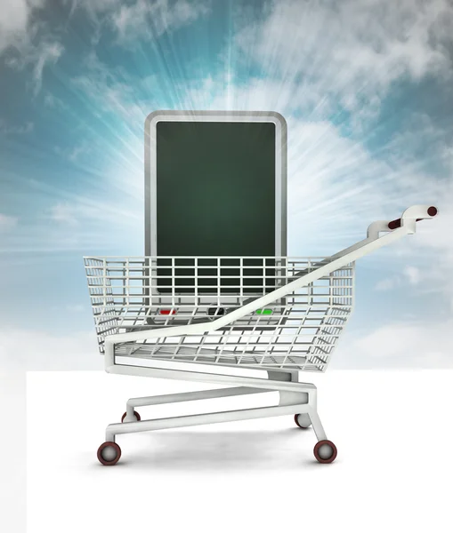 Nieuwe slimme telefoon gekocht in winkelwagen met sky — Stockfoto