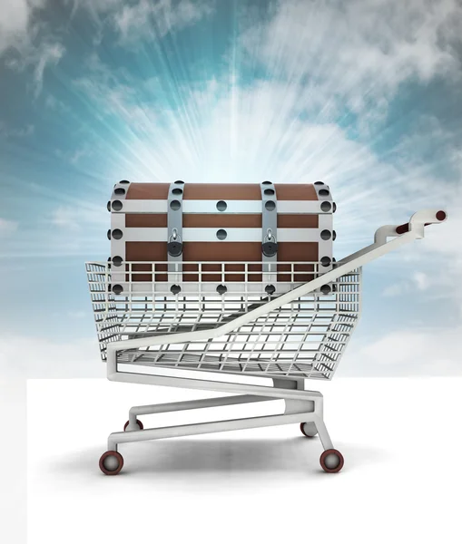 Bought treasure in shopping cart with sky — Stock Photo, Image