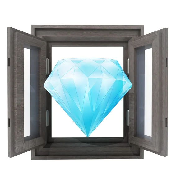 Isolated opened window with giant diamond in the middle — Stock Photo, Image