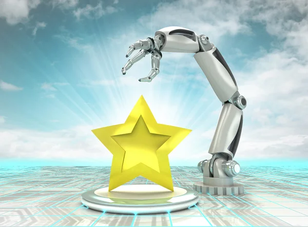 Top star rated cybernetic robotic hand technology with cloudy sky — Stock Photo, Image