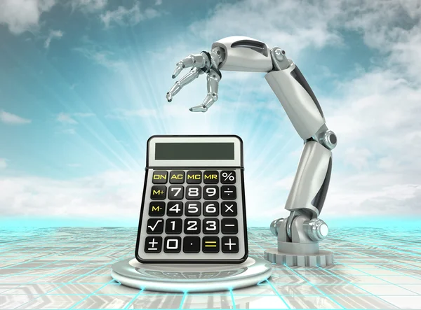 Cybernetic robotic hand technological progress calculation with cloudy sky — Stock Photo, Image