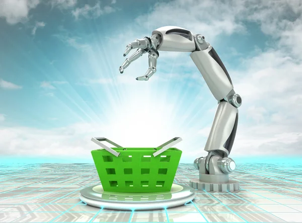 หุ่นยนต์มือช้อปปิ้งอัตโนมัติในธุรกิจการค้าที่มีท้องฟ้าเมฆ — ภาพถ่ายสต็อก