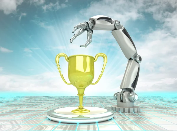 Criação de mão robótica cibernética como um campeão tecnológico moderno com céu nublado — Fotografia de Stock