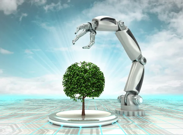 Robotic hand creation of new kind of tree with cloudy sky — Stock Photo, Image