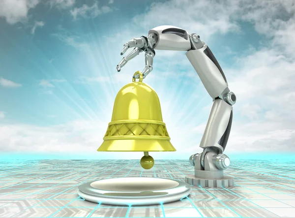 Robotic hand creation of golden bell with cloudy sky — Stock Photo, Image