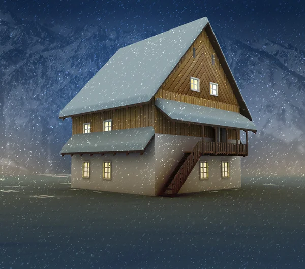 Seasonal cottage and window lighting at night snowfall — Stock Photo, Image