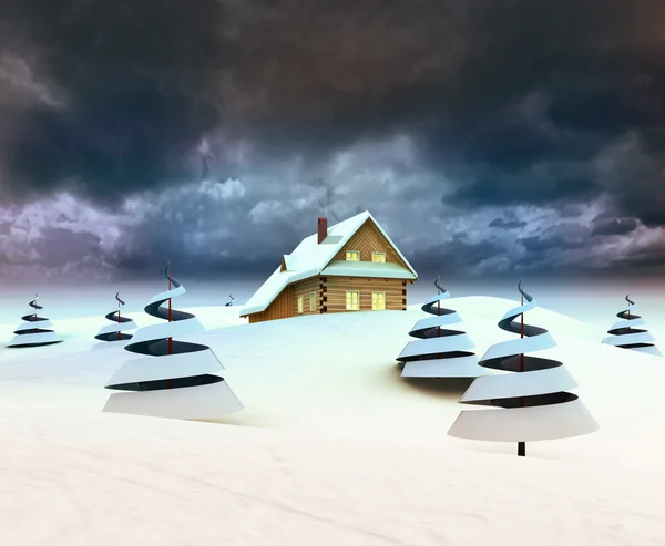 Berg Landhuisje in landschap donkere hemel winteravond — Stockfoto