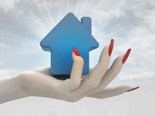 Blauwwitte Huis pictogram in vrouwen hand renderen — Stockfoto