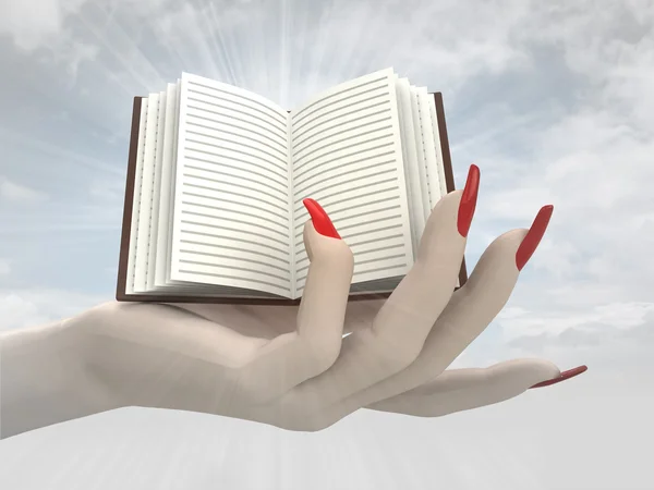 Öppna boken i kvinnor hand render — Stockfoto