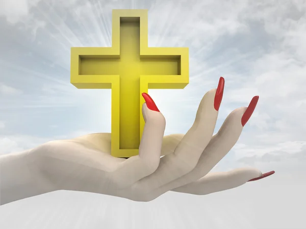 Golden cross in women hand render — Stock Photo, Image