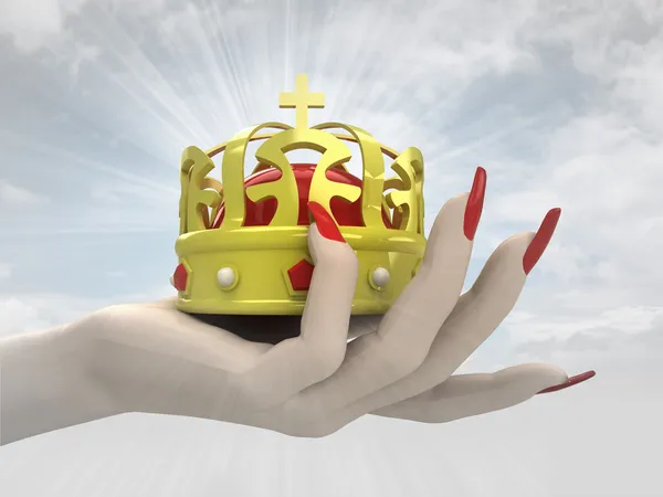 Kings royal crown in women hand render — Stock Photo, Image