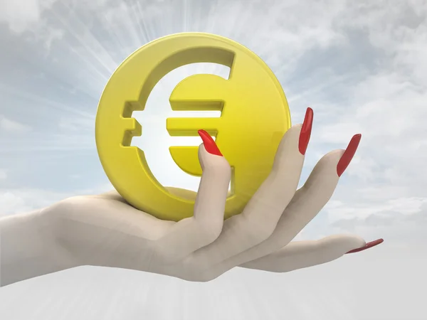 Złote monety euro w ręce kobiety renderowania — Zdjęcie stockowe