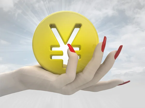 Gold yen or yuan coin in women hand render — Stock Photo, Image