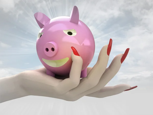 Roze varken schatkist in vrouwen hand renderen — Stockfoto
