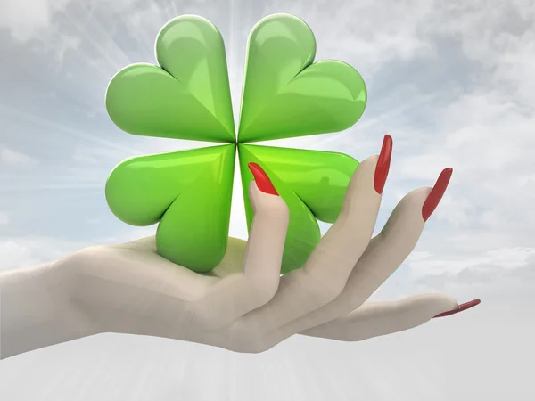 Green lucky cloverleaf in women hand render — Stock Photo, Image