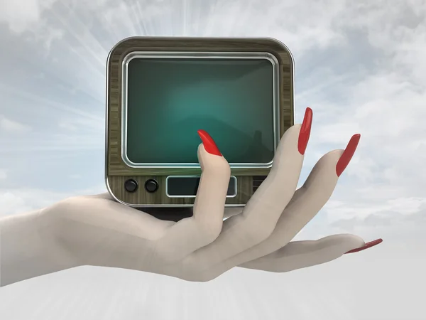 Retro-Fernsehen in Frauenhand — Stockfoto