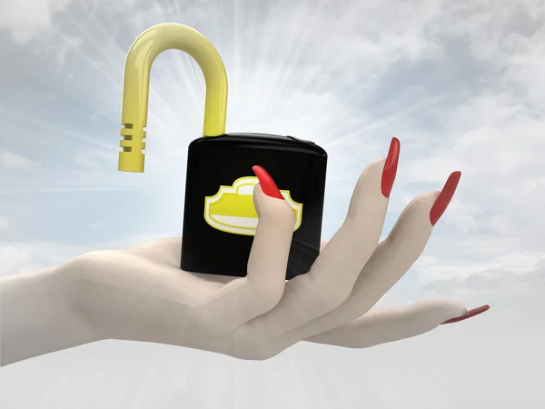 Opened security padlock in women hand render — Stock Photo, Image