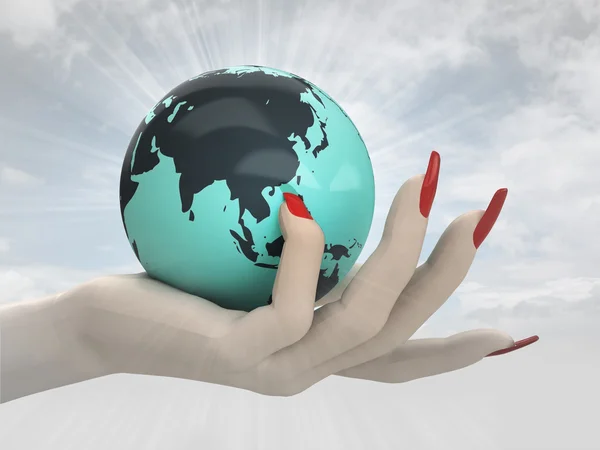 Globe with Asia in women hand render — Stock Photo, Image