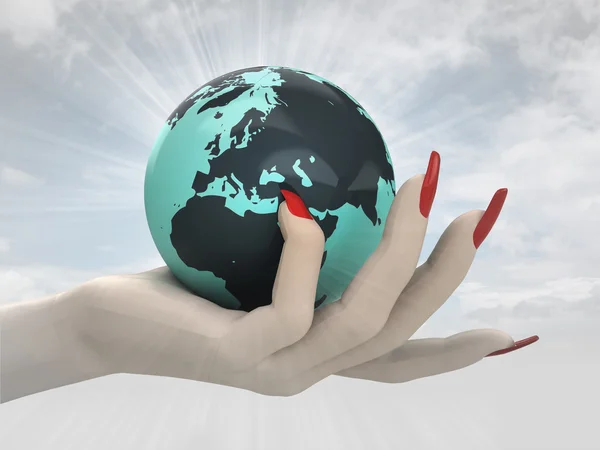 Globe with Europe in women hand render — Stock Photo, Image