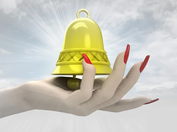 Golden bell hold in women hand render — Stock Photo, Image