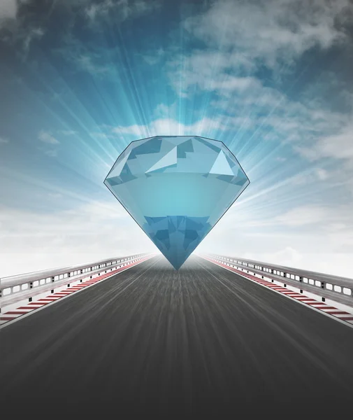 Diamond on motorway leading to wealth with sky flare — Stock Photo, Image