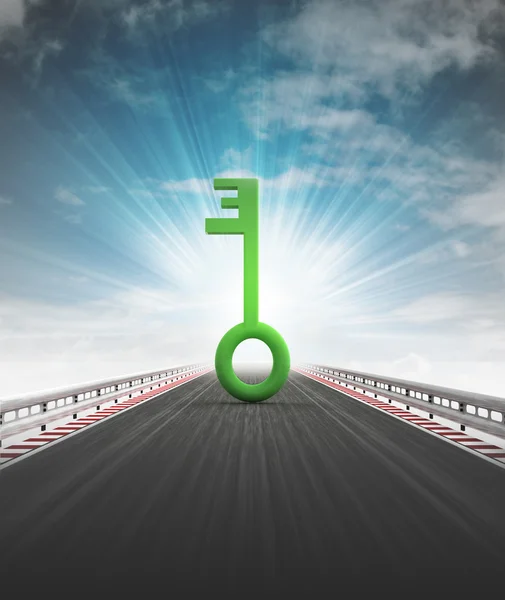 Green key on motorway leading to finish with sky flare — Stock Photo, Image