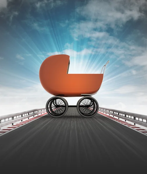 Babe carriage on motorway leading to maternity with sky flare — Stock Photo, Image