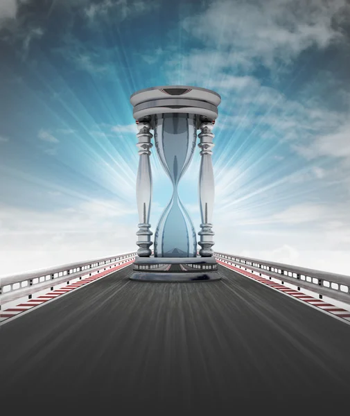 Running sand-glass on motorway track time lack with sky flare — Stock Photo, Image