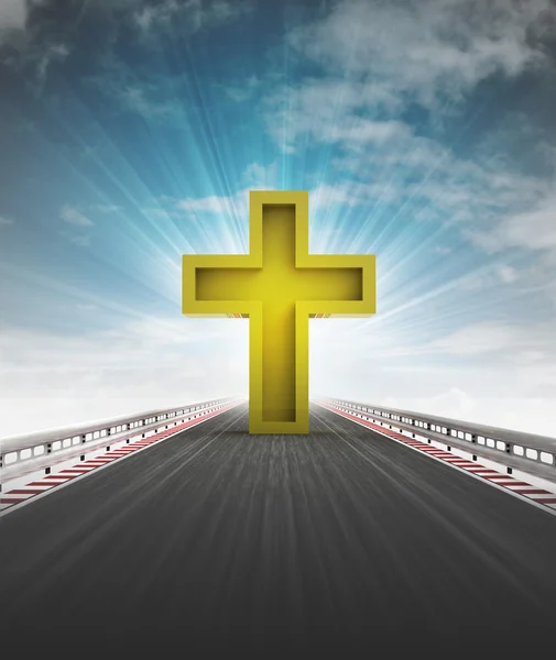 Golden cross on motorway track leading to church with sky flare — Stock Photo, Image