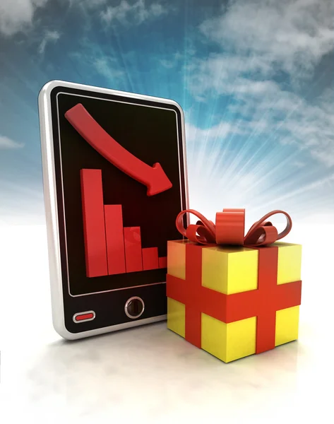 Descending negative graph stats with gift surprise on phone display with sky — Stock Photo, Image