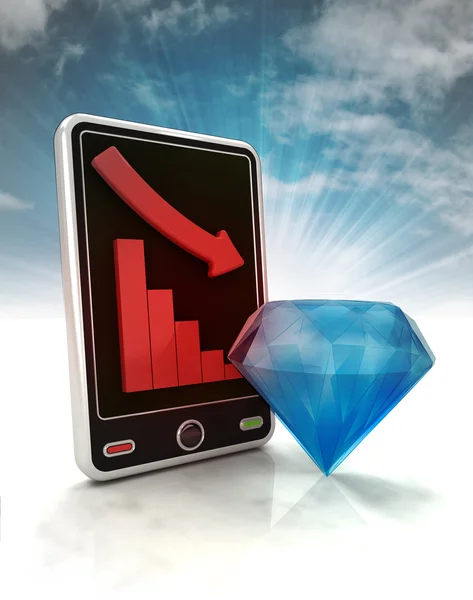 Aflopende negatieve grafiek stats van diamant waarde op telefoon met sky weergeven — Stockfoto