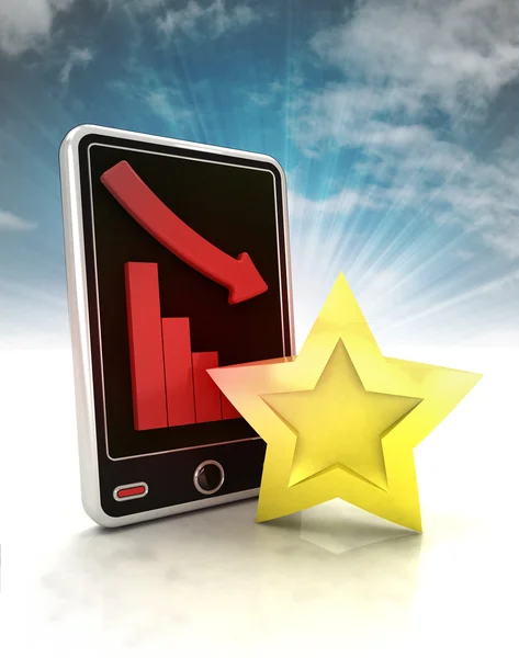 Descending negative graph with star on phone display with sky — Stock Photo, Image