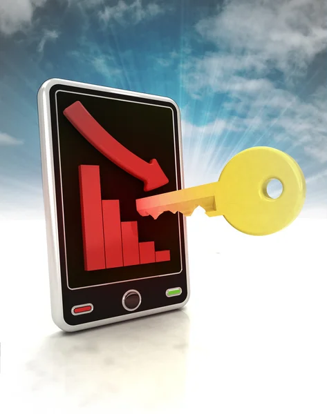 Descending negative graph with key solution on phone display with sky — Stock Photo, Image