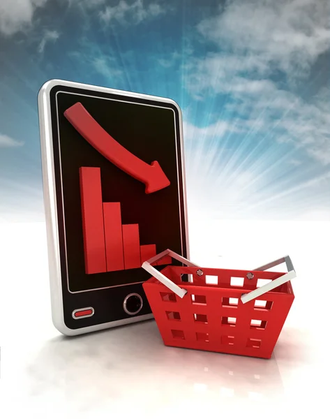 Gráfico descendente estatísticas negativas no comércio na tela do telefone com o céu — Fotografia de Stock