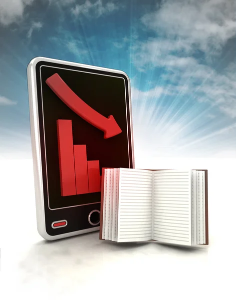 Descending graph of negative knowledge stats on phone display with sky — Stock Photo, Image