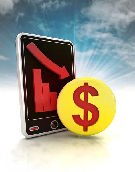 Descending graph of Dollar negative stats on phone display with sky — Stock Photo, Image