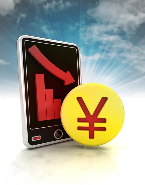 Descending graph of Yuan negative stats on phone display with sky — Stock Photo, Image