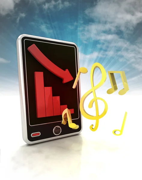 Descending graph of music stats on phone display with sky — Stock Photo, Image