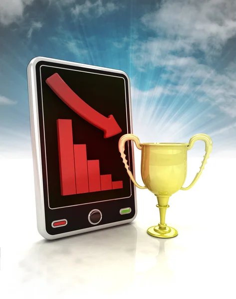 Gráfico descendente de campeões de negócios em exibição de telefone com céu — Fotografia de Stock