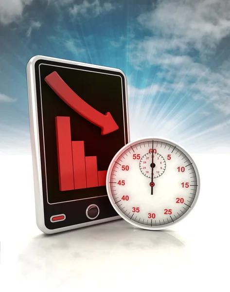 Descending graph time depending stats on phone display with sky — Stock Photo, Image