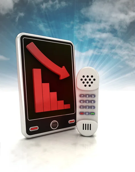 Descending graph telecommunication stats on phone display with sky — Stock Photo, Image