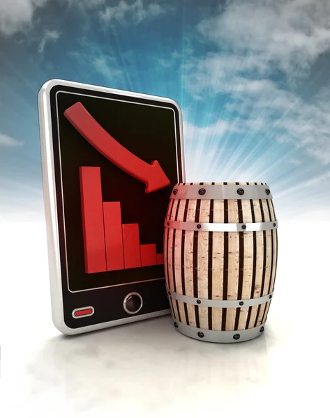 Descending graph beverage production stats on phone display with sky illustration — Stock Photo, Image