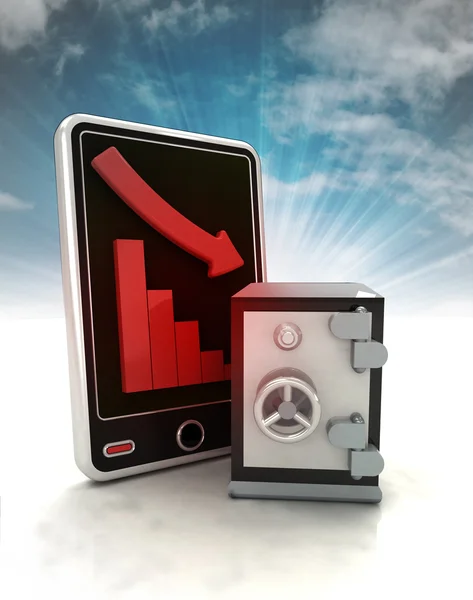 Descending graph stats with bank vault on phone display with sky — Stock Photo, Image