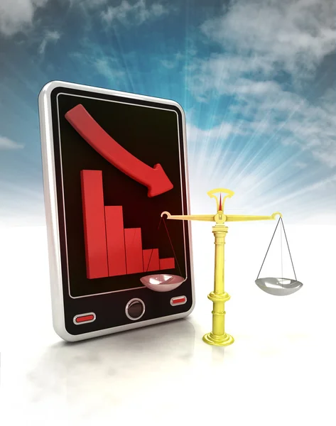 Gráfico descendente en estadísticas de comercio justo en la pantalla del teléfono con el cielo — Foto de Stock
