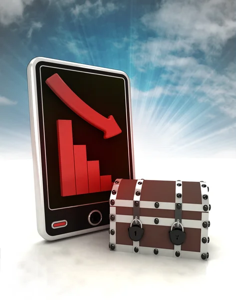 Descending graph stats with chest on phone display with sky — Stock Photo, Image