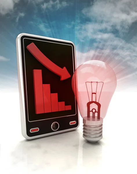 Descending graph with red bulb on phone display with sky — Stock Photo, Image