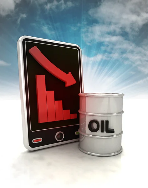 Gráfico descendente de la producción de petróleo en la pantalla del teléfono con el cielo —  Fotos de Stock