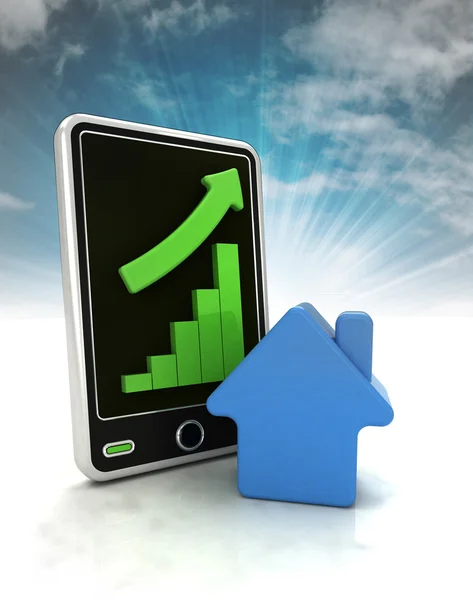 Increasing graph stats of development industry on phone display with sky — Stock Photo, Image